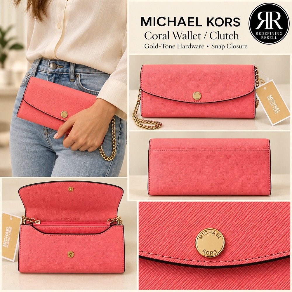Michael Kors Coral Saffiano Leather Wallet Clutch Gold Hardware New